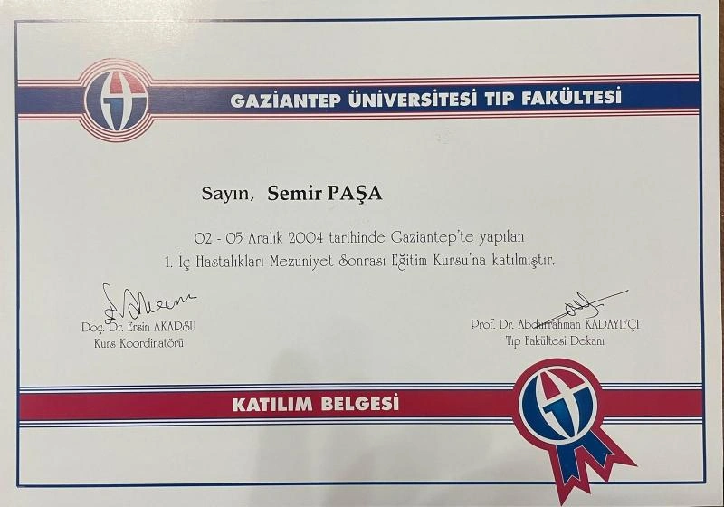 Prof. Dr. Semir Paşa iç hastalıkları kongre sertifikası