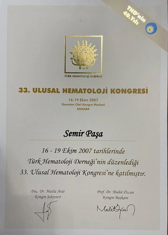 Prof. Dr. Semir Paşa akademik dahiliye kongre belgesi