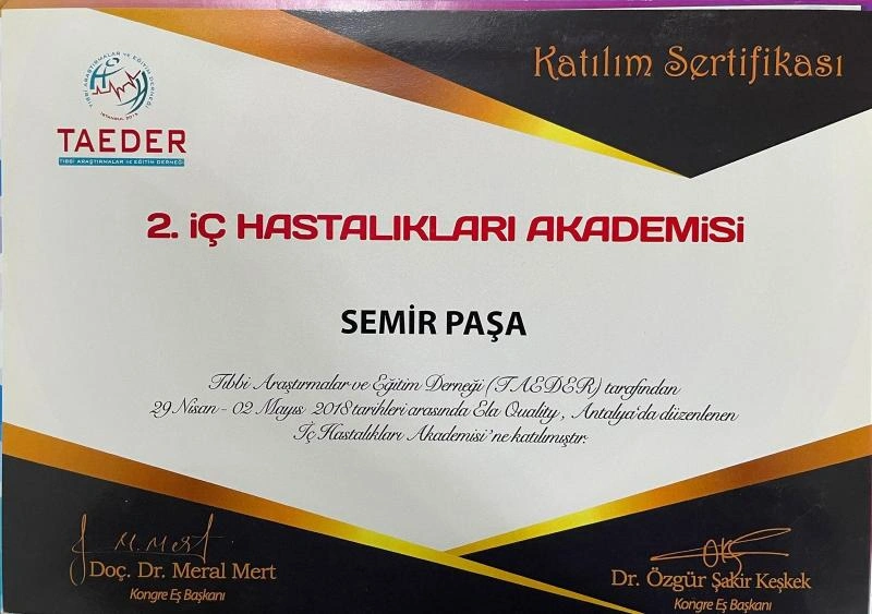 Prof. Dr. Semir Paşa iç hastalıkları alanında bilimsel sertifika