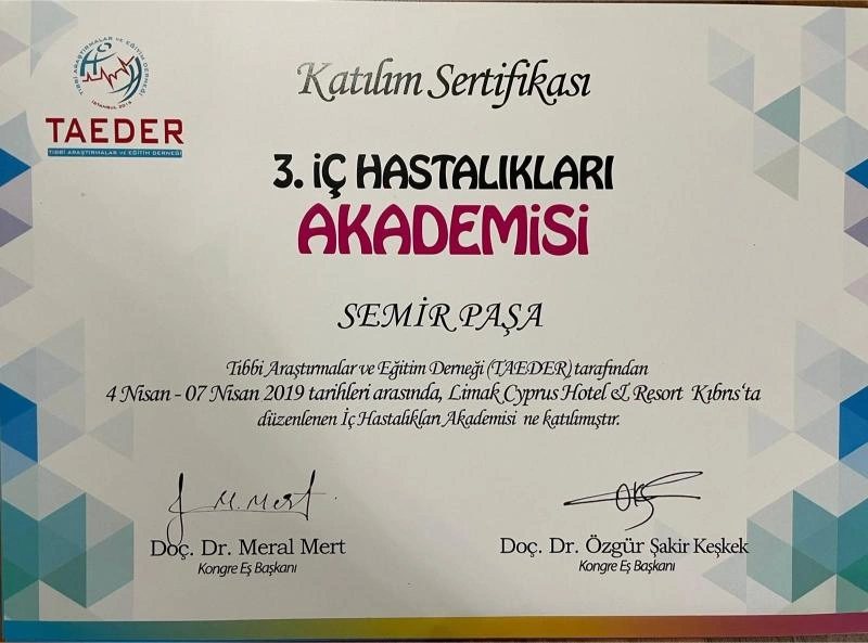 Prof. Dr. Semir Paşa iç hastalıkları mesleki gelişim sertifikası