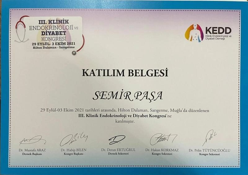 Prof. Dr. Semir Paşa dahiliye alanında bilimsel kongre belgesi