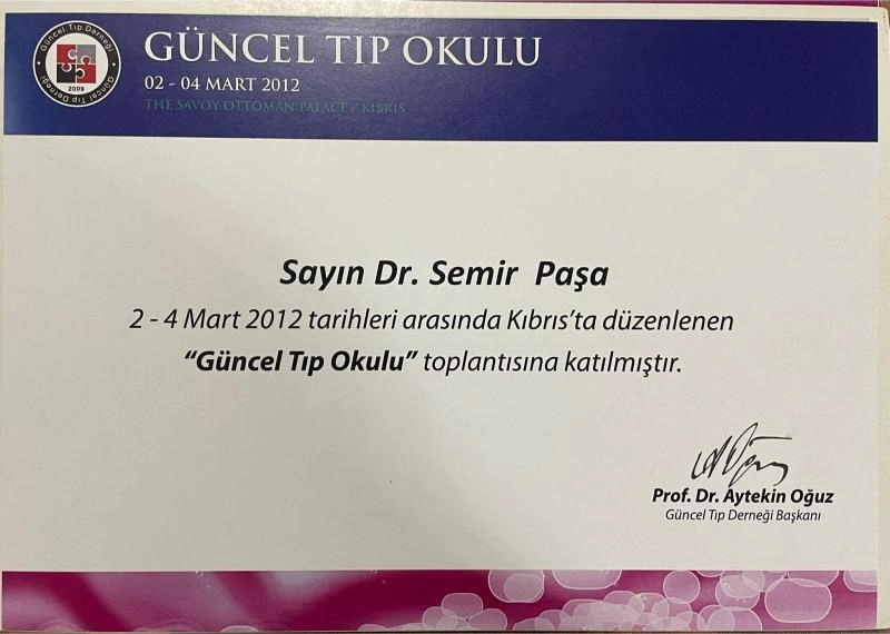 Prof. Dr. Semir Paşa iç hastalıkları uzmanı kongre sertifikası