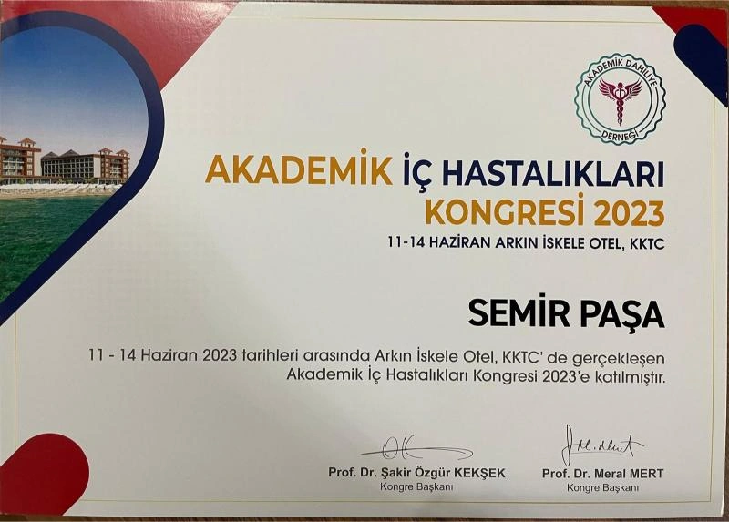 Prof. Dr. Semir Paşa bilimsel tıp kongresi sertifikası