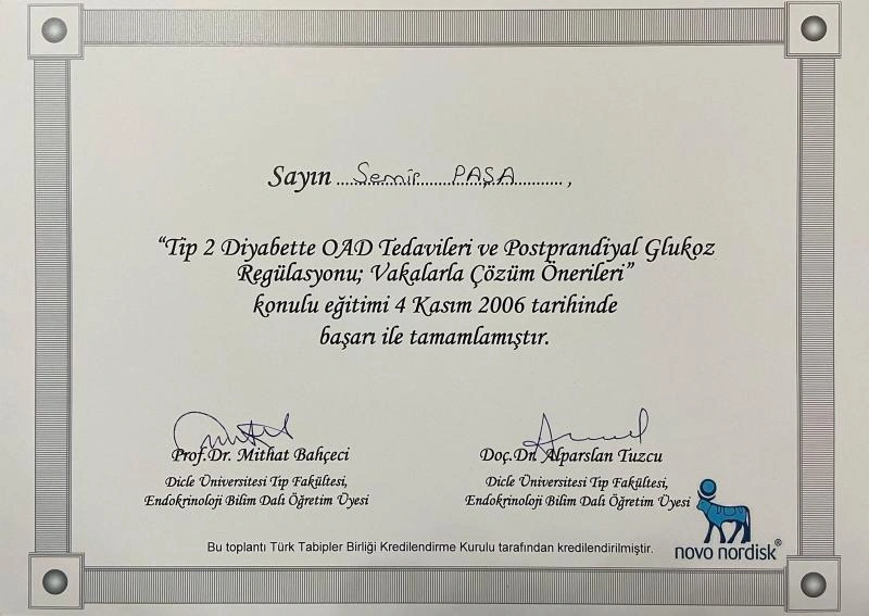 Kıbrıs İç Hastalıkları Uzmanı Prof. Dr. Semir Paşa kongre belgesi