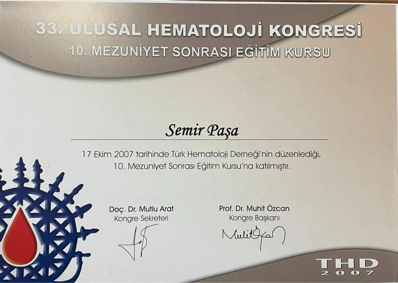 Prof. Dr. Semir Paşa ulusal dahiliye kongresi sertifikası