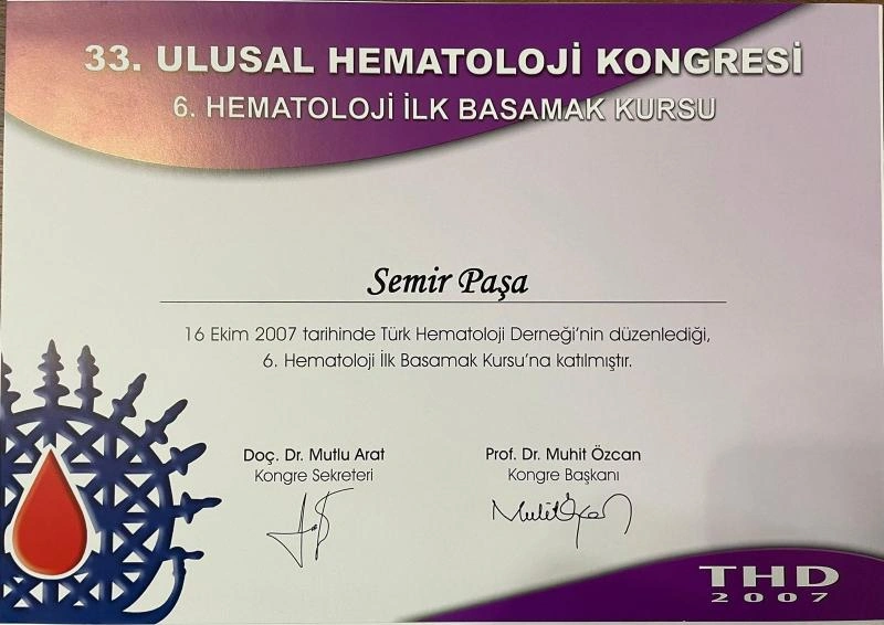 Prof. Dr. Semir Paşa iç hastalıkları eğitim ve sertifika belgesi
