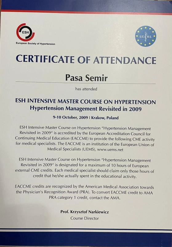 Prof. Dr. Semir Paşa tıp kongresi katılım sertifikası